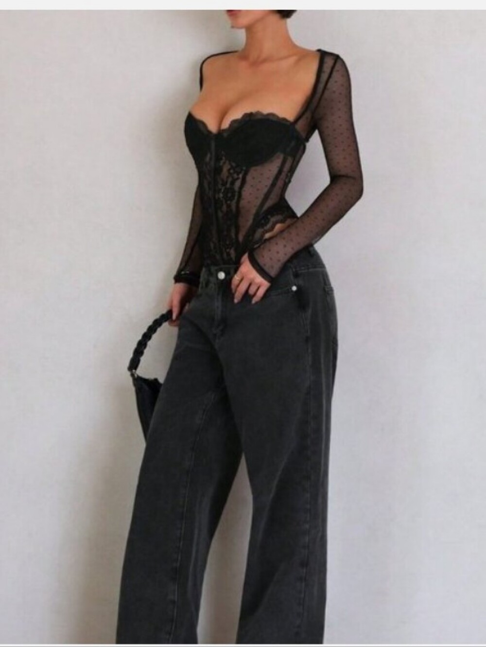 Black Casual Women's Spaghetti Strap Lace Patchwork Corset Bodysuit - Picture 4 of 4